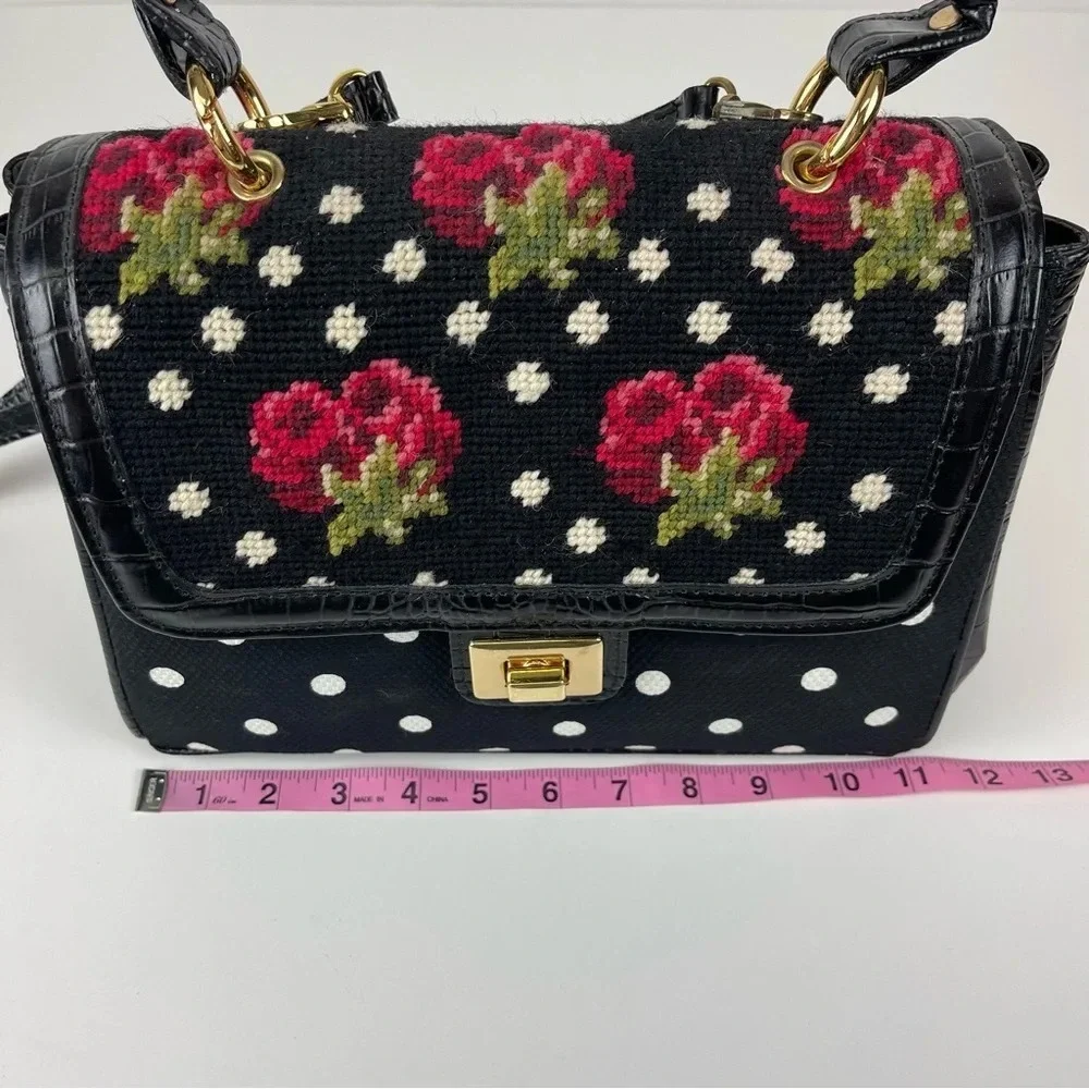 Clever Carriage Company Satchel Rose Embroidered Purse Polka Dot Dust Bag Black